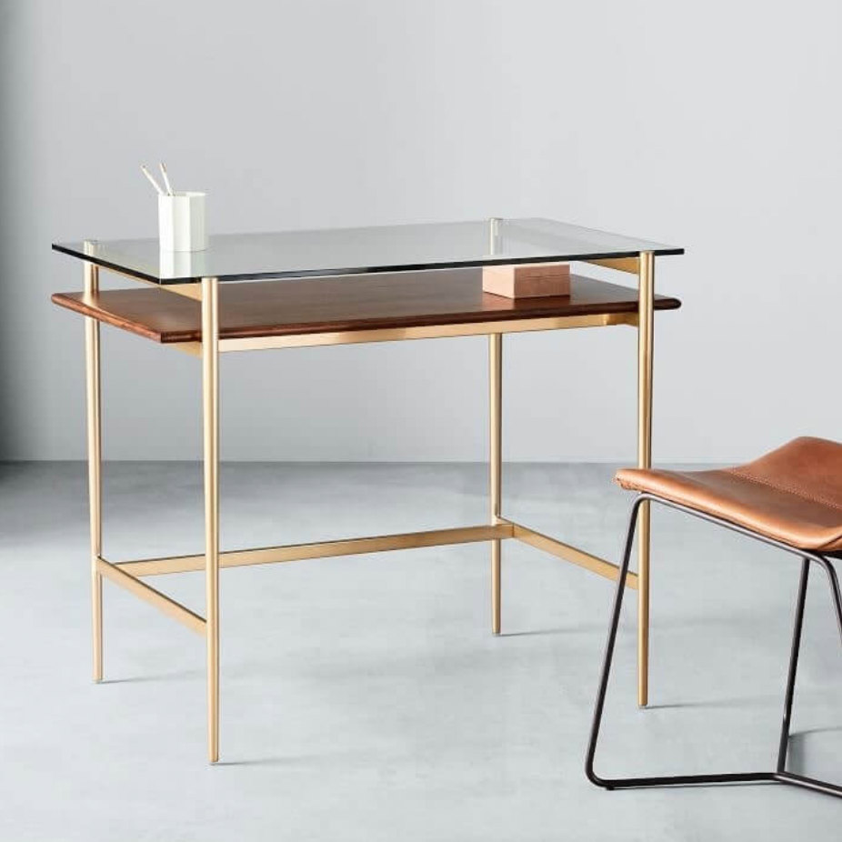 West Elm Art Display Mini Desk, Walnut/Brass, 36x22.2x30cm