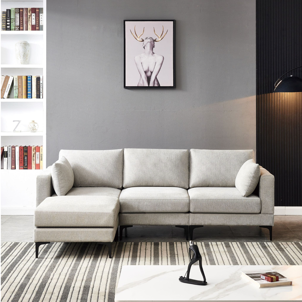 ANEK 3 Seater Grey Fabric Sofa with Ottoman, 85x235x80cm