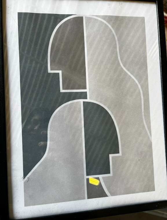 Two Abstract Green Geometry Shapes Face, 30 x 40cm, framed