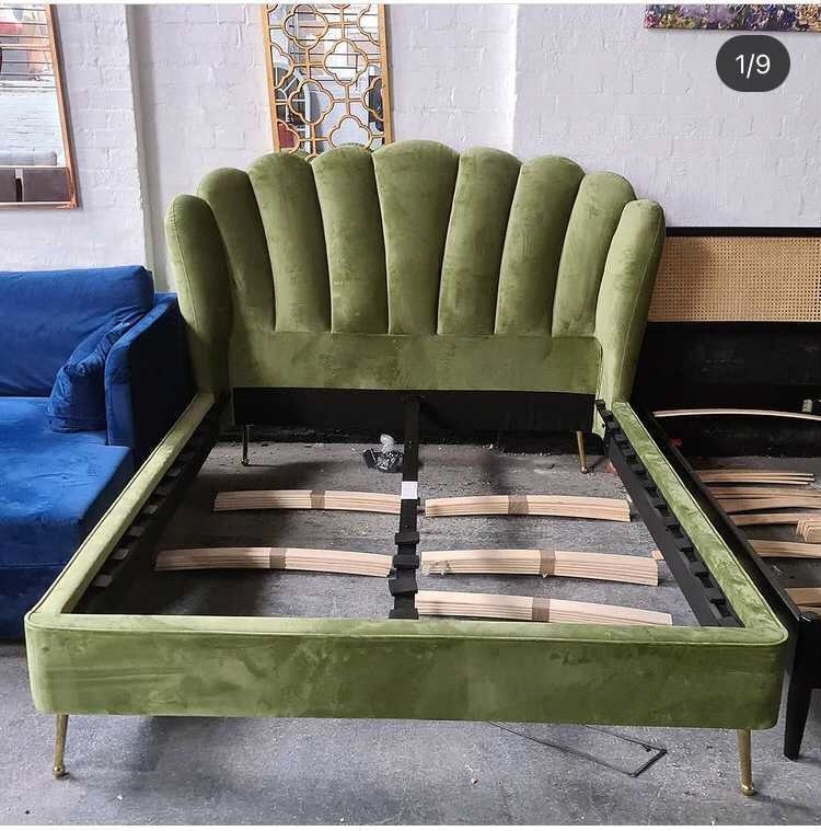Green Velvet Feather back bed, King Size