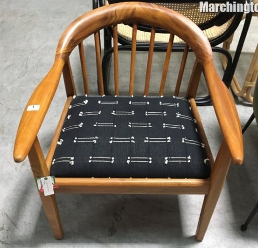 Anthropologie Walnut Armchair with Black Embroidered Seat