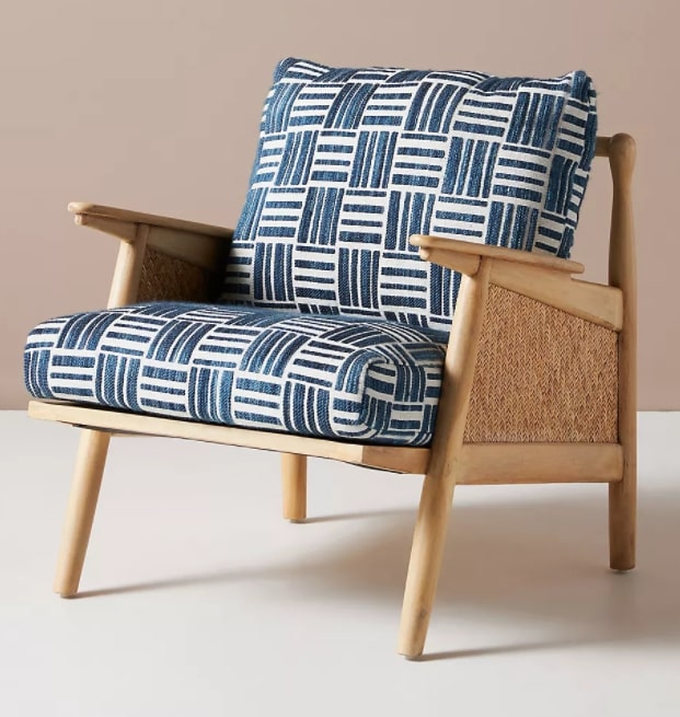 Ashton Caned Designer Accent Chair In Blue/Natural Design Fabric and Light Oak/Cane Finish, 36x48x46cm