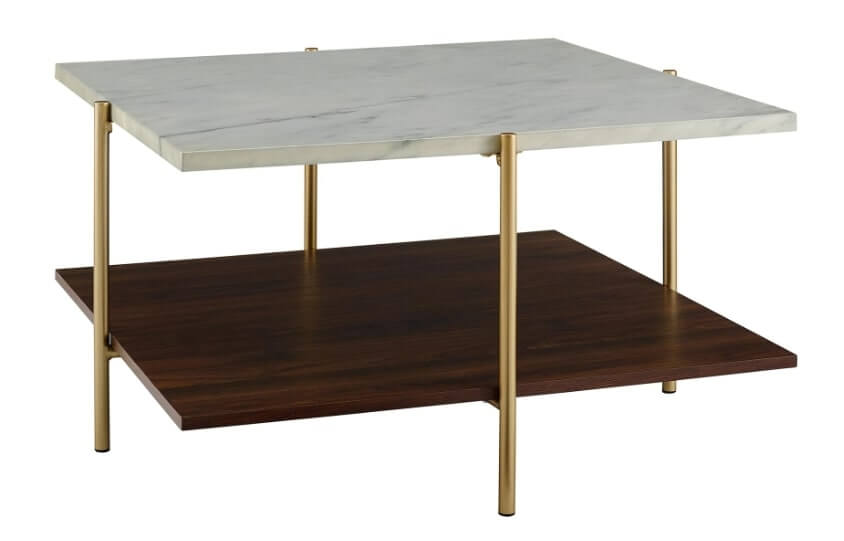 32" Mid Century Square Coffee Table in Marble & Gold, 81.28x81.28x43.18cm