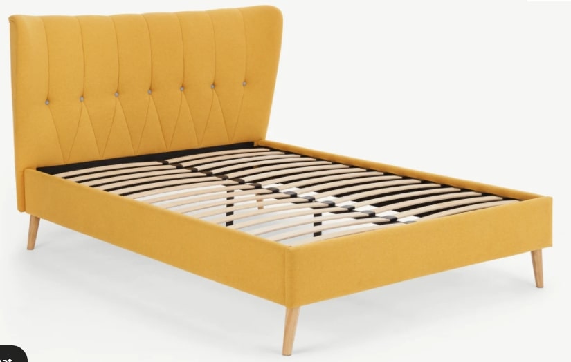 Charley Double Bed, Yolk Yellow & Oak Stain Legs. 227x162x125cm