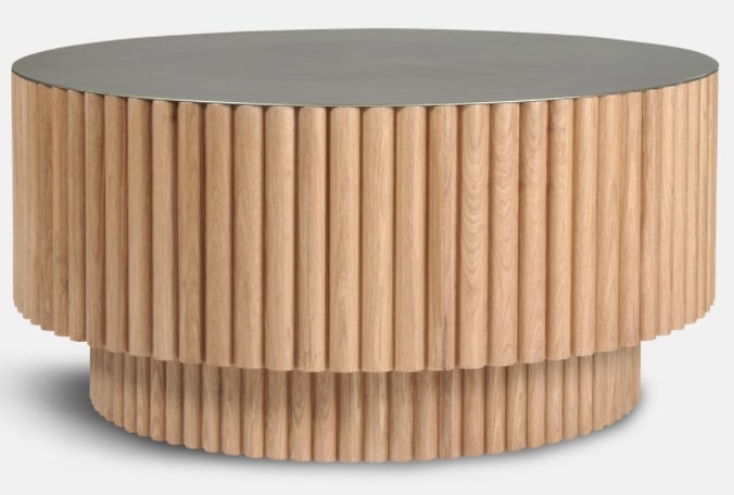 Barrel Round Coffee Table In Oak With Antiqued Brass Top, 95.2x95.2x45cm