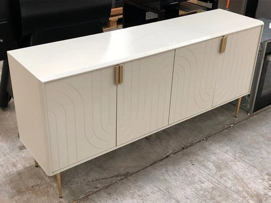 JOHN LEWIS & PARTNERS HARVARD WIDE 4 DOOR TV SIDEBOARD IN LIGHT GREY AND BRASS,