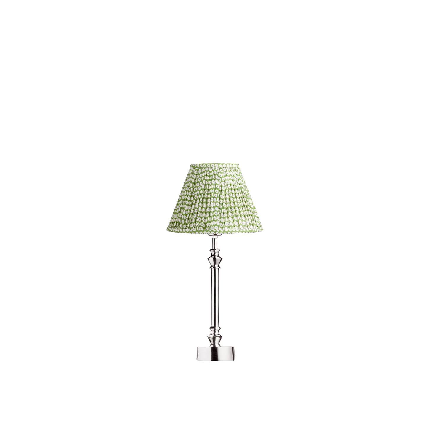 ashley table lamp in nickel with 25cm empire gathered lampshade in green block printed cotton