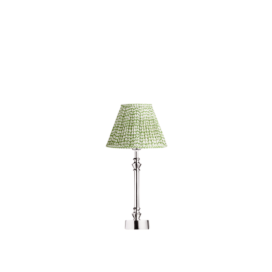 ashley table lamp in nickel with 25cm empire gathered lampshade in green block printed cotton