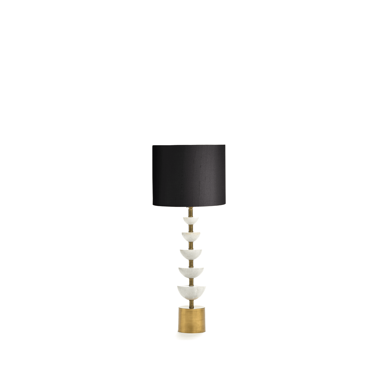 crescent table lamp in white marble with 25cm drum shade in raven dupion silk