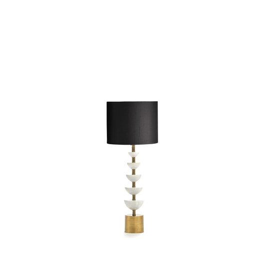 crescent table lamp in white marble with 25cm drum shade in raven dupion silk