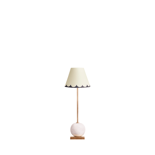 lollie rechargeable table lamp in white marble with 16cm empire shade in jet scallops hand painted card