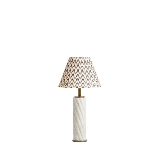 carrick table lamp in white marble with 25cm empire shade in jet ripples hand painted card