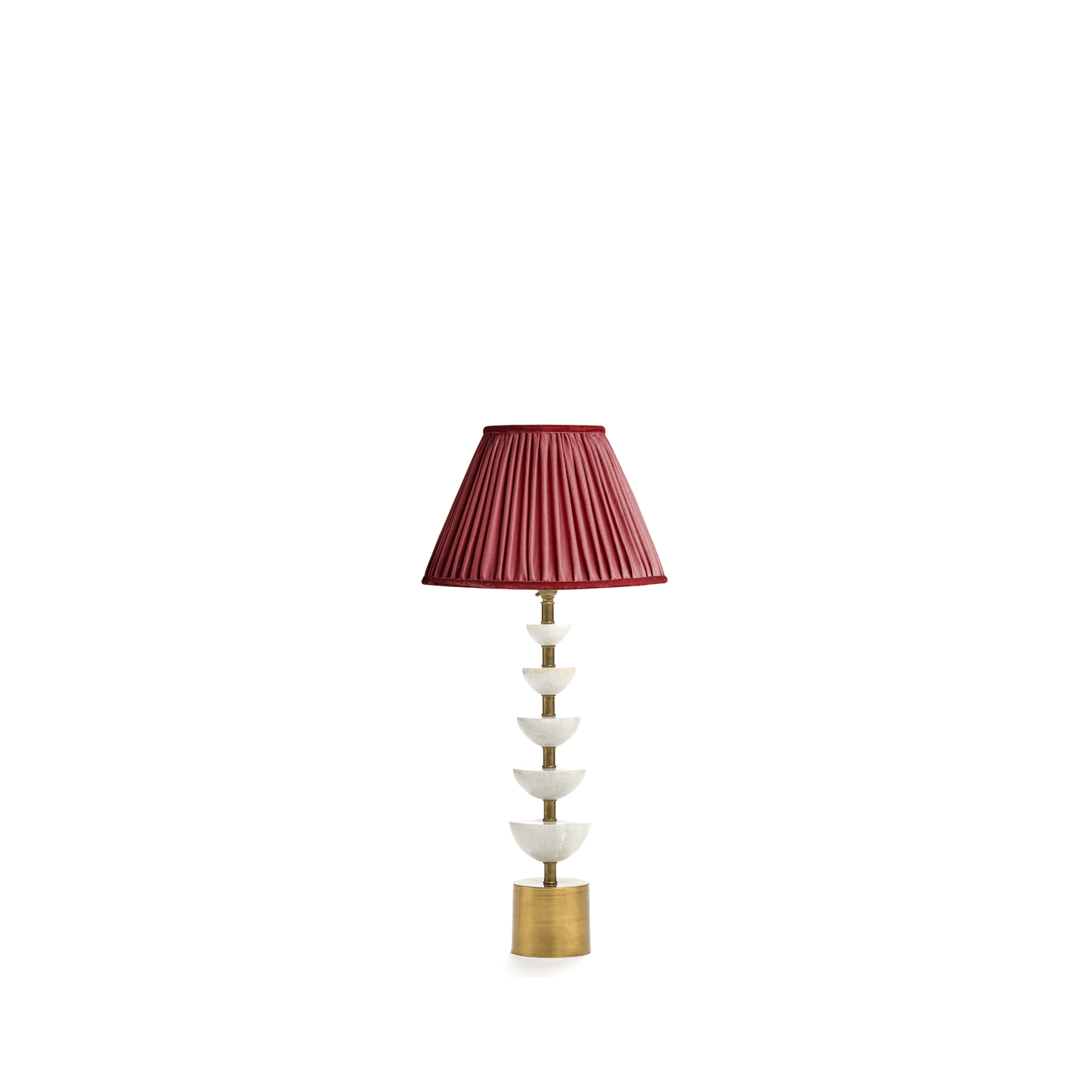 crescent table lamp in white marble with 30cm empire shade in currant silk with velvet tape