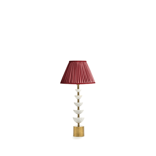 crescent table lamp in white marble with 30cm empire shade in currant silk with velvet tape