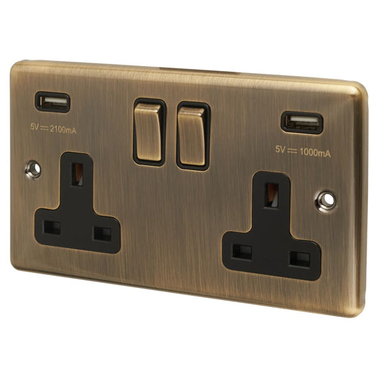 Eurolite Enhance Decorative 13A 2 Gang USB Socket with 2 x USB - 4.2A - Antique Brass/Black Inserts