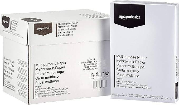 Amazon Basics Multi-purpose Copy Printer Paper, A4 80 gsm, 2500 Count (Pack of 5)