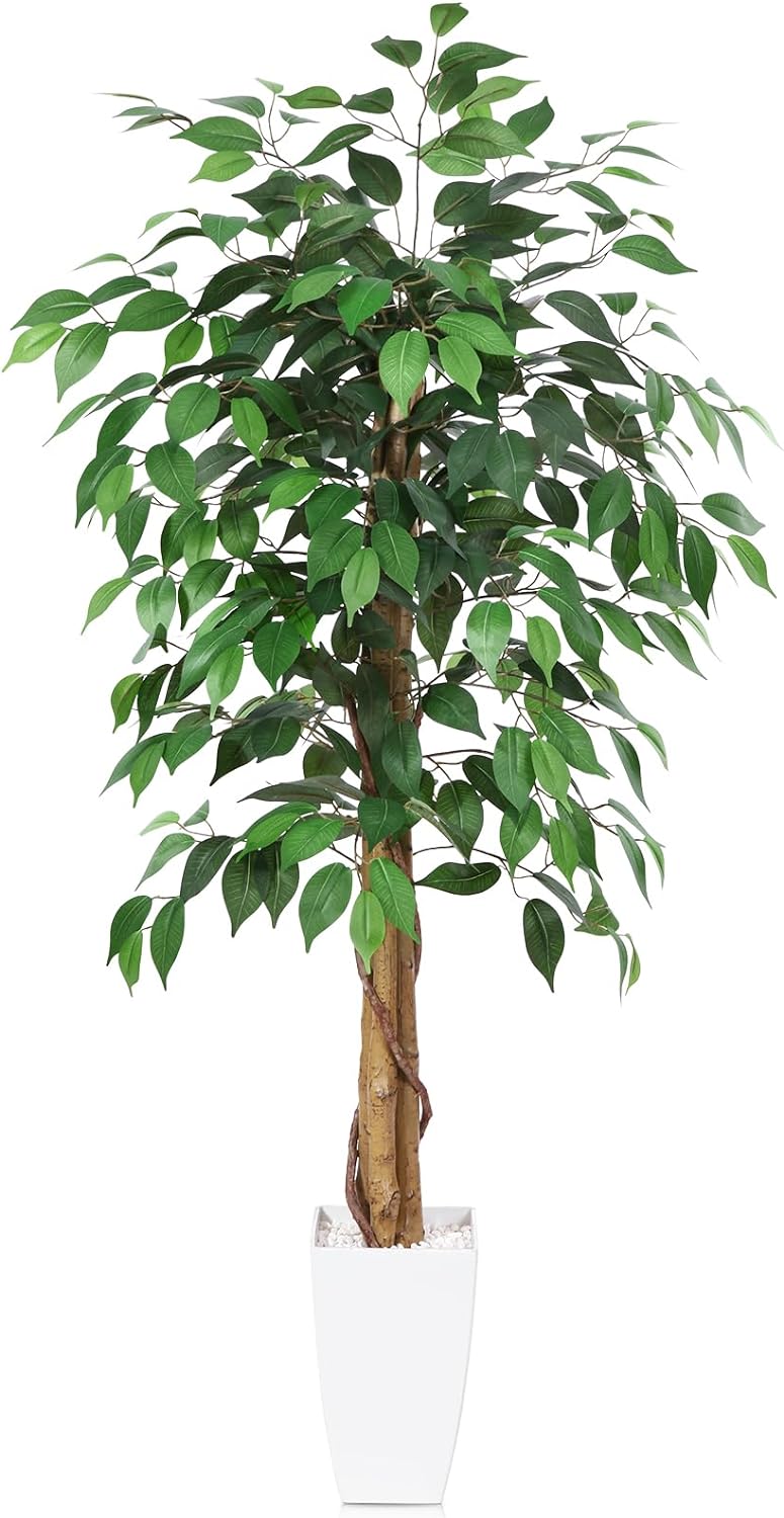 Kazeila Artificial Ficus Plant 120cm Tall Artificial Plant Indoor Fake Plastic Ficus Tree in White Pot for Home Decoration