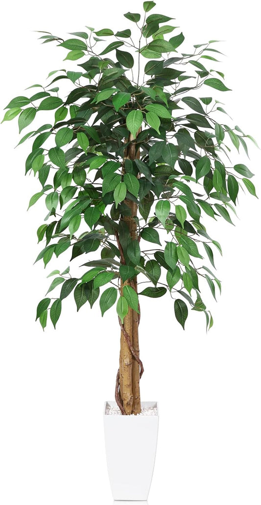 Kazeila Artificial Ficus Plant 120cm Tall Artificial Plant Indoor Fake Plastic Ficus Tree in White Pot for Home Decoration