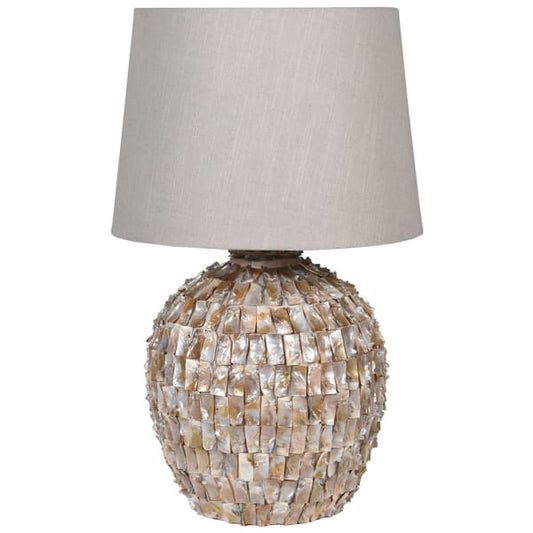 Mother of Pearl Effect Round Table Lamp with Linen Shade
