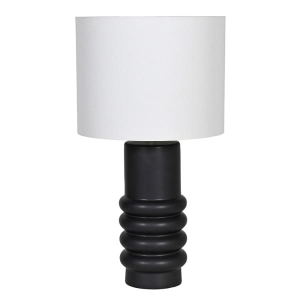 Black Ringed Ceramic Table Lamp with Linen Shade, 59x32cm