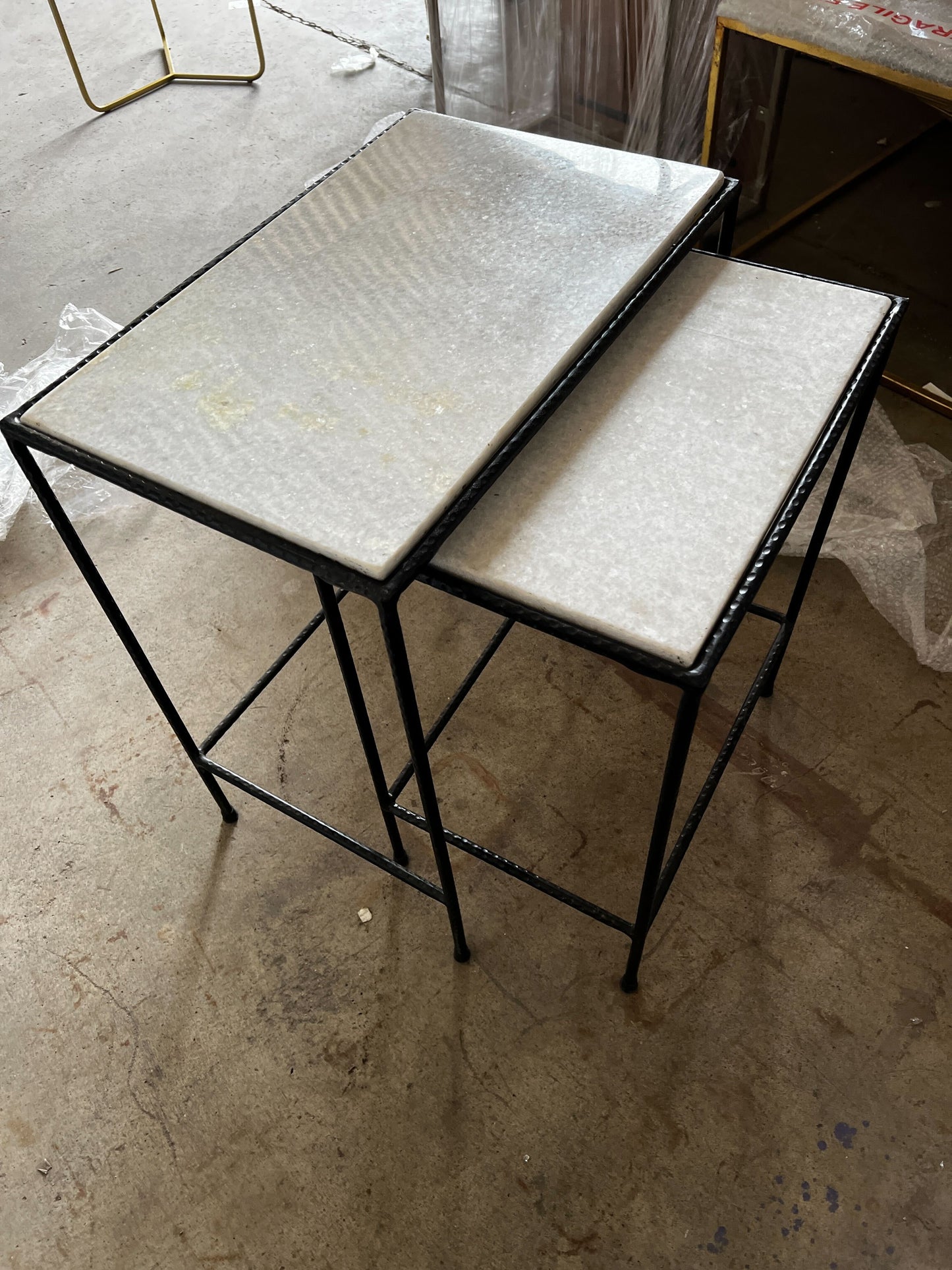 Set of 2 Nesting Side Tables, Marble & Black Legs