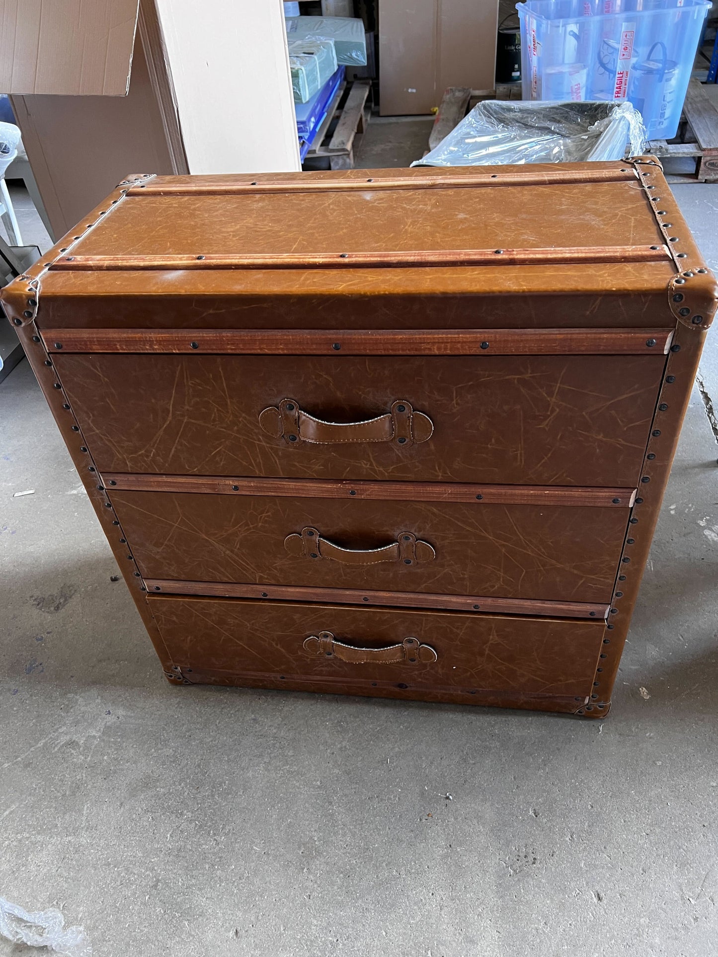 Vintage Leather 3 Drawers Side Table, 76x39x76cm