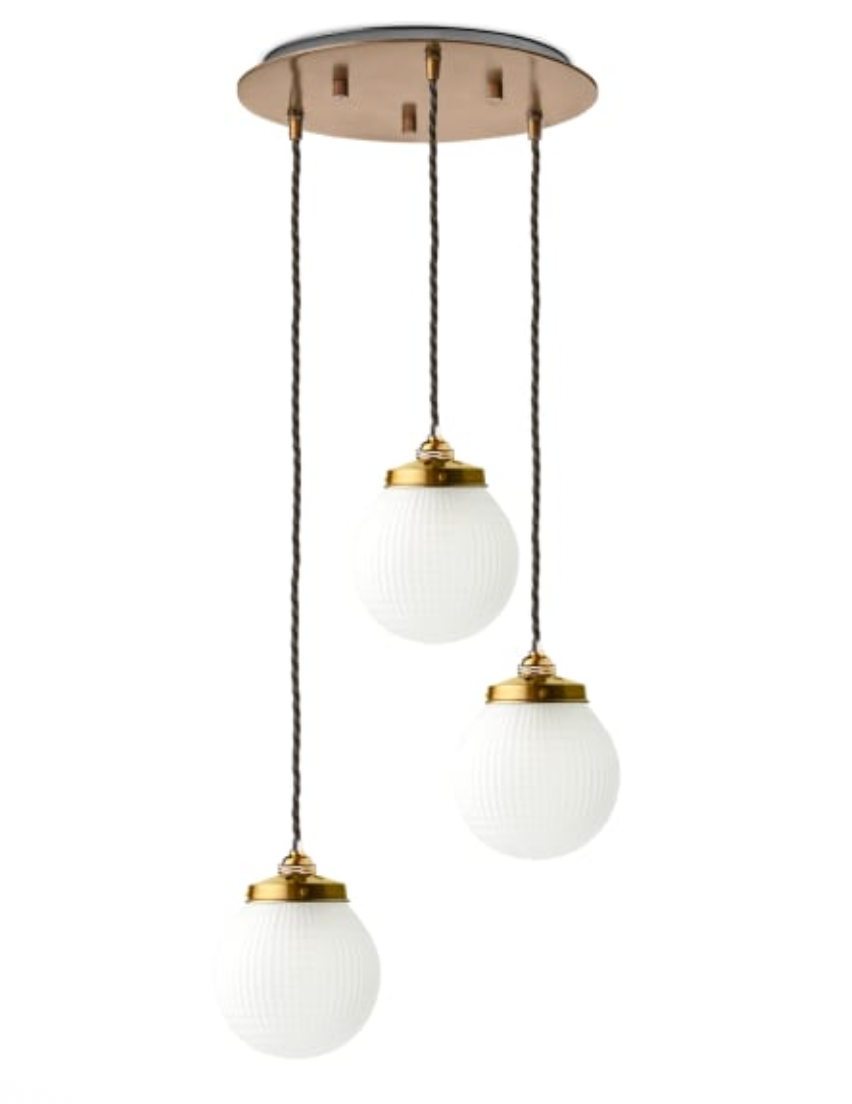 Heath Circular Ceiling Fitting Antiqued Brass with smaller espere in frosted waffle glass, 30x14x14cm