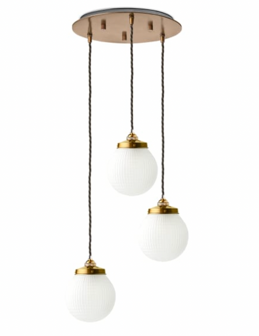 Heath Circular Ceiling Fitting Antiqued Brass with smaller espere in frosted waffle glass, 30x14x14cm