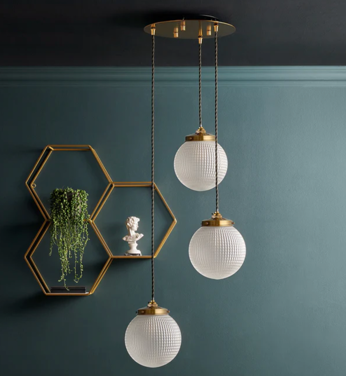 Heath Circular Ceiling Fitting Antiqued Brass with smaller espere in frosted waffle glass, 30x14x14cm