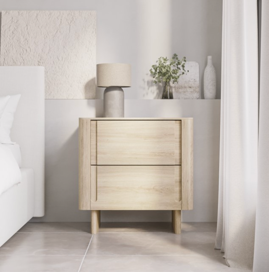 Light Wood Mid Century 2 Drawer Bedside Table - Emile Sustainable Furniture, 55x38x57cm
