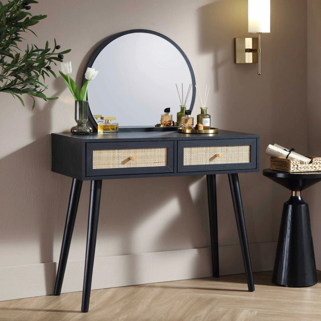 Frances Woven Rattan Dressing Table with Mirror, Black, 90x41x126cm