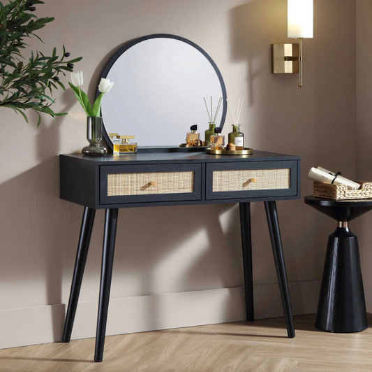 Frances Woven Rattan Dressing Table with Mirror, Black, 90x41x126cm