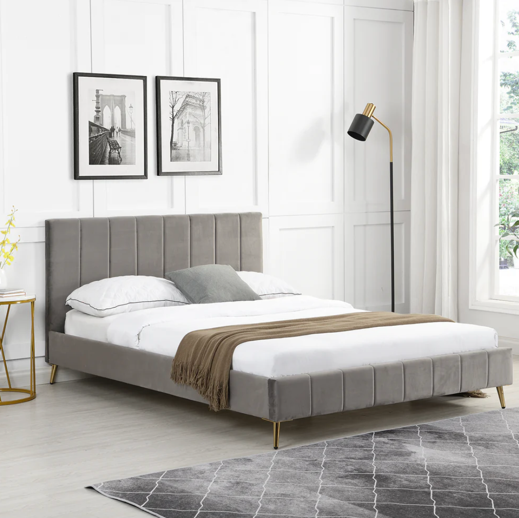 Sylvie Velvet Upholstered Bed Frame with Golden Chrome Legs (Grey), 144.5x202x90.5cm