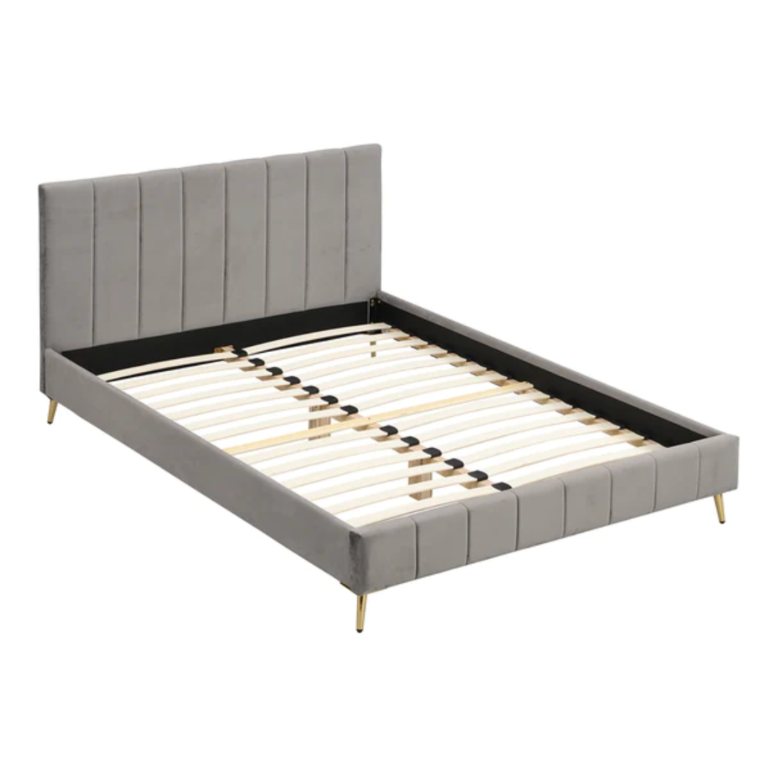 Sylvie Velvet Upholstered Bed Frame with Golden Chrome Legs (Grey), 144.5x202x90.5cm