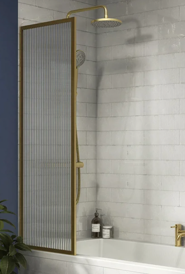 Arezzo Fluted Glass Brushed Brass Framed Fixed Bath Screen (500 x 1400mm)