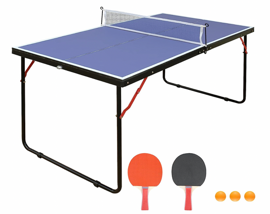 REXOUS Midsize Folding Ping Pong Table Game Set, Portable Indoor Outdoor Table Tennis Table with 2 Paddles, 3 Balls and Net