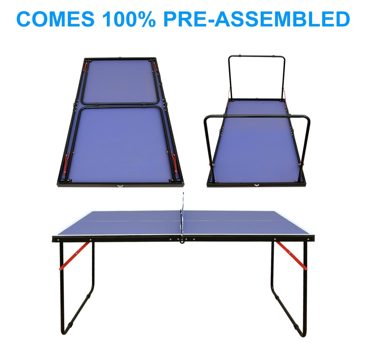 REXOUS Midsize Folding Ping Pong Table Game Set, Portable Indoor Outdoor Table Tennis Table with 2 Paddles, 3 Balls and Net
