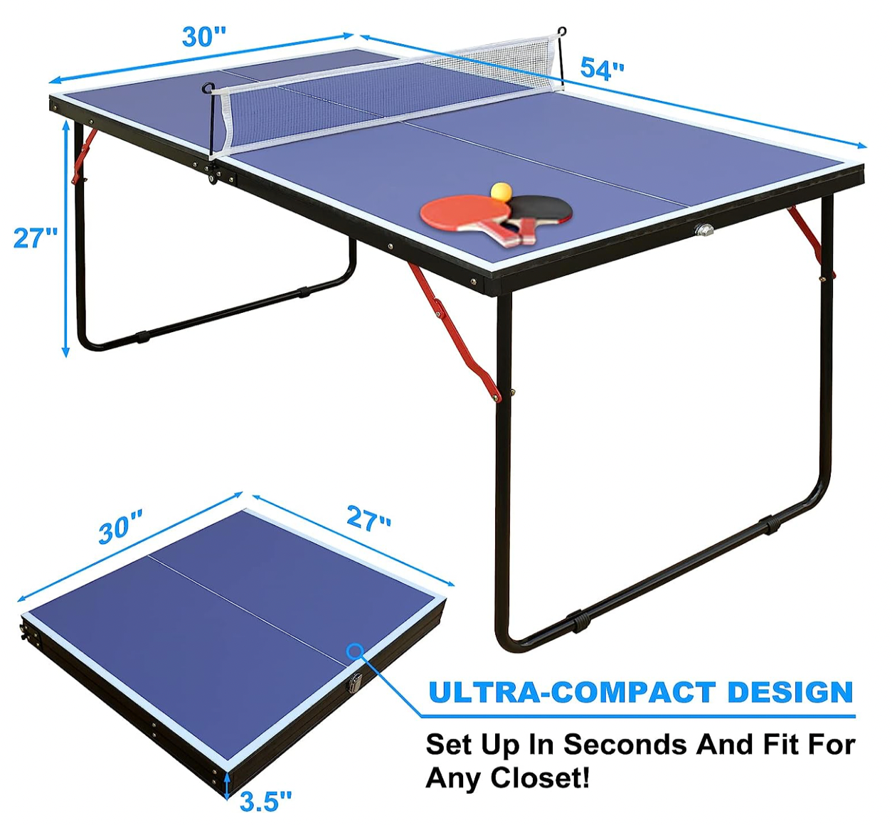 REXOUS Midsize Folding Ping Pong Table Game Set, Portable Indoor Outdoor Table Tennis Table with 2 Paddles, 3 Balls and Net