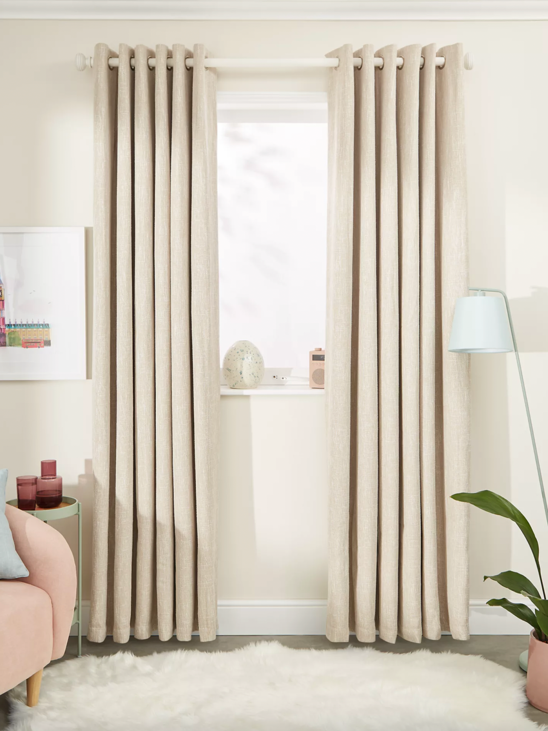 John Lewis Boucle Pair Blackout Lined Eyelet Curtains, Natural White, W167 x Drop 182cm