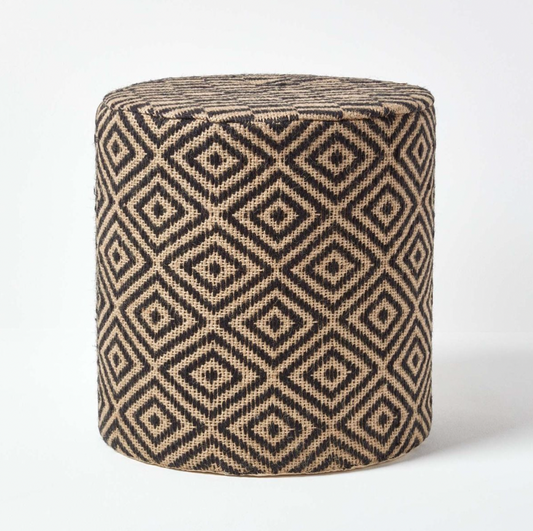 Jute Round Pouffe Black and Off-White Herringbone Pattern, 40 x 40 x 42 cm