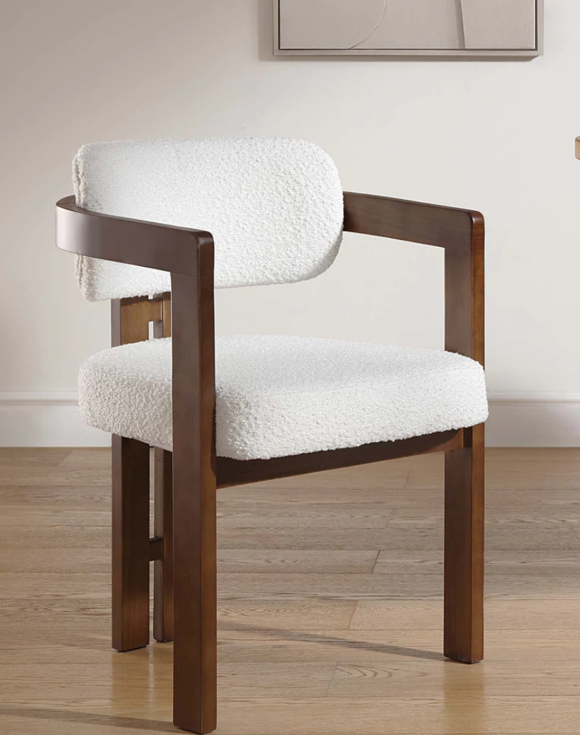 Stanford Curved Walnut Wood Frame White Boucle Chair, W 52.5 x D 52 x H 77 cm