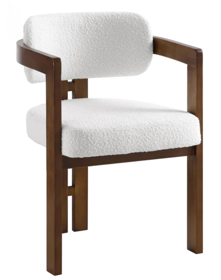 Stanford Curved Walnut Wood Frame White Boucle Chair, W 52.5 x D 52 x H 77 cm