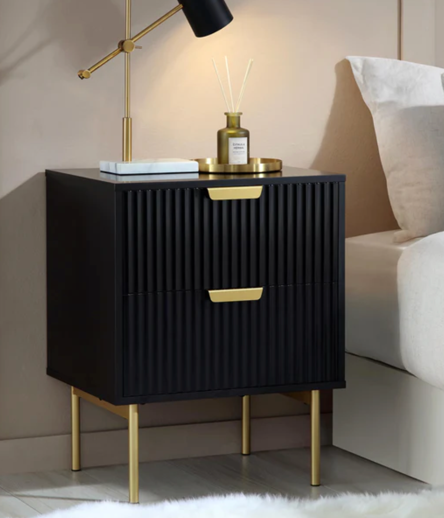 Richmond Ridged 2 Drawer Bedside Table, Matte Black, 50x40x63.5cm