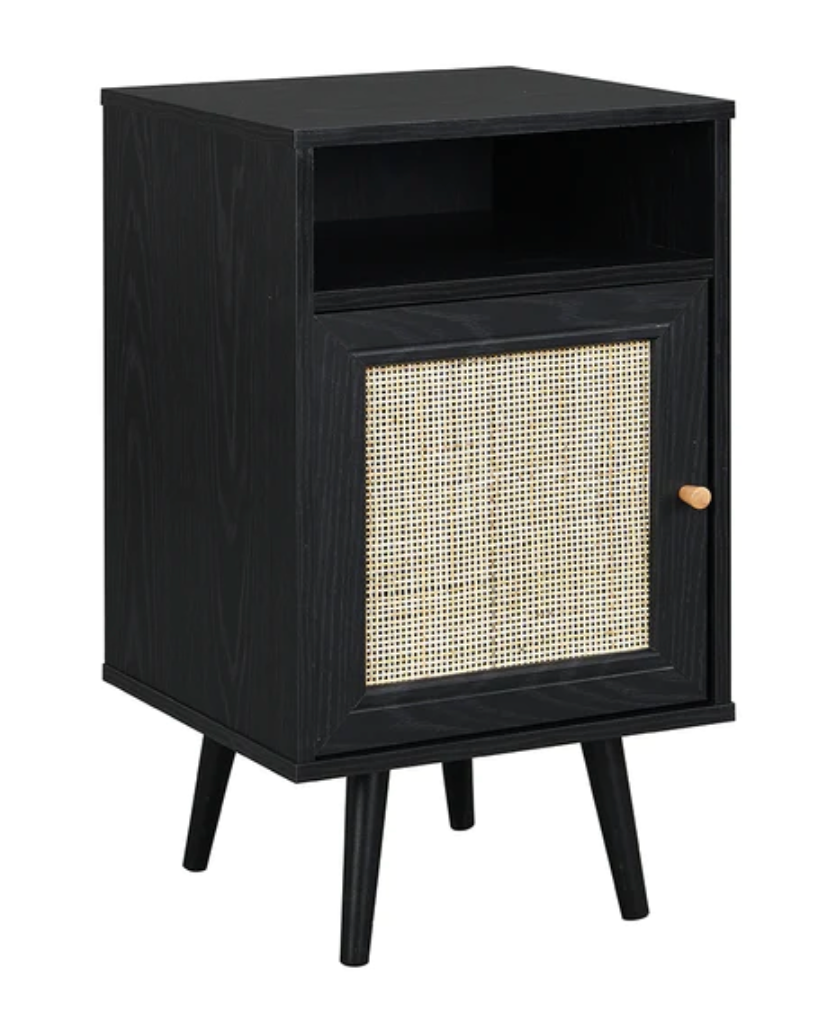Frances Woven Rattan 1-Door Bedside Table in Black, 40x39x69.8cm