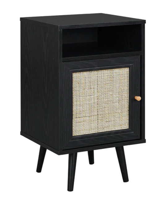 Frances Woven Rattan 1-Door Bedside Table in Black, 40x39x69.8cm