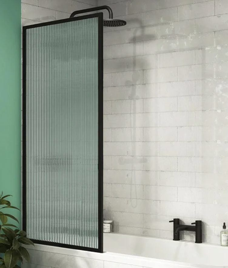 Arezzo Fluted Glass Matt Black Framed Fixed Bath Screen (700 x 1400mm)