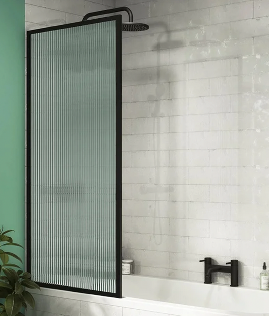 Arezzo Fluted Glass Matt Black Framed Fixed Bath Screen (700 x 1400mm)