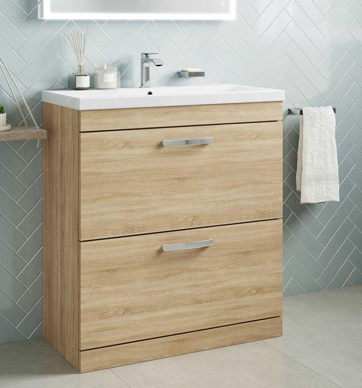 Emily 800mm Floorstanding 2 Drawer Vanity Unit & Mid-Edged Basin - Natural Oak