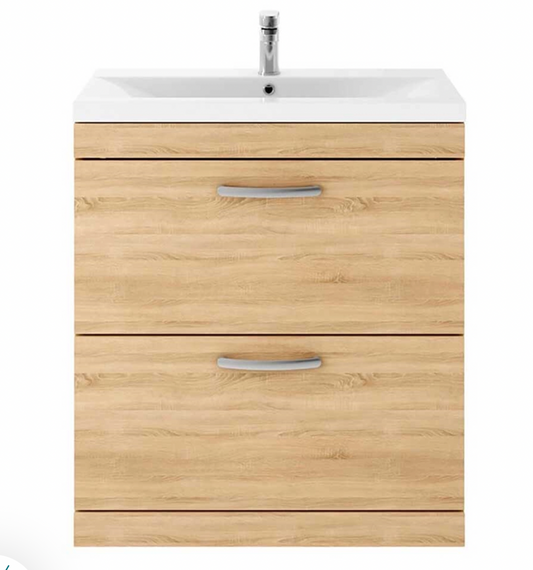 Emily 800mm Floorstanding 2 Drawer Vanity Unit & Mid-Edged Basin - Natural Oak