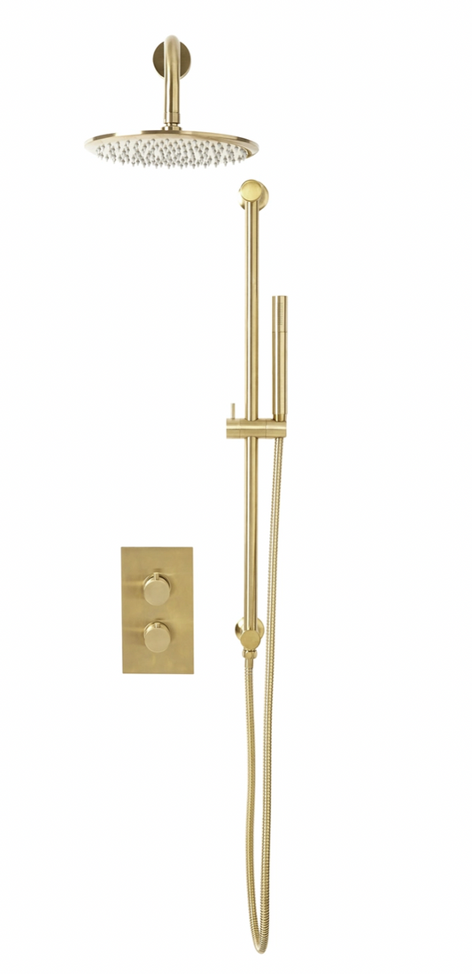 Drench Core Concealed Thermostatic Valve, Fixed Head & Shower Rail Kit - Brushed Brass